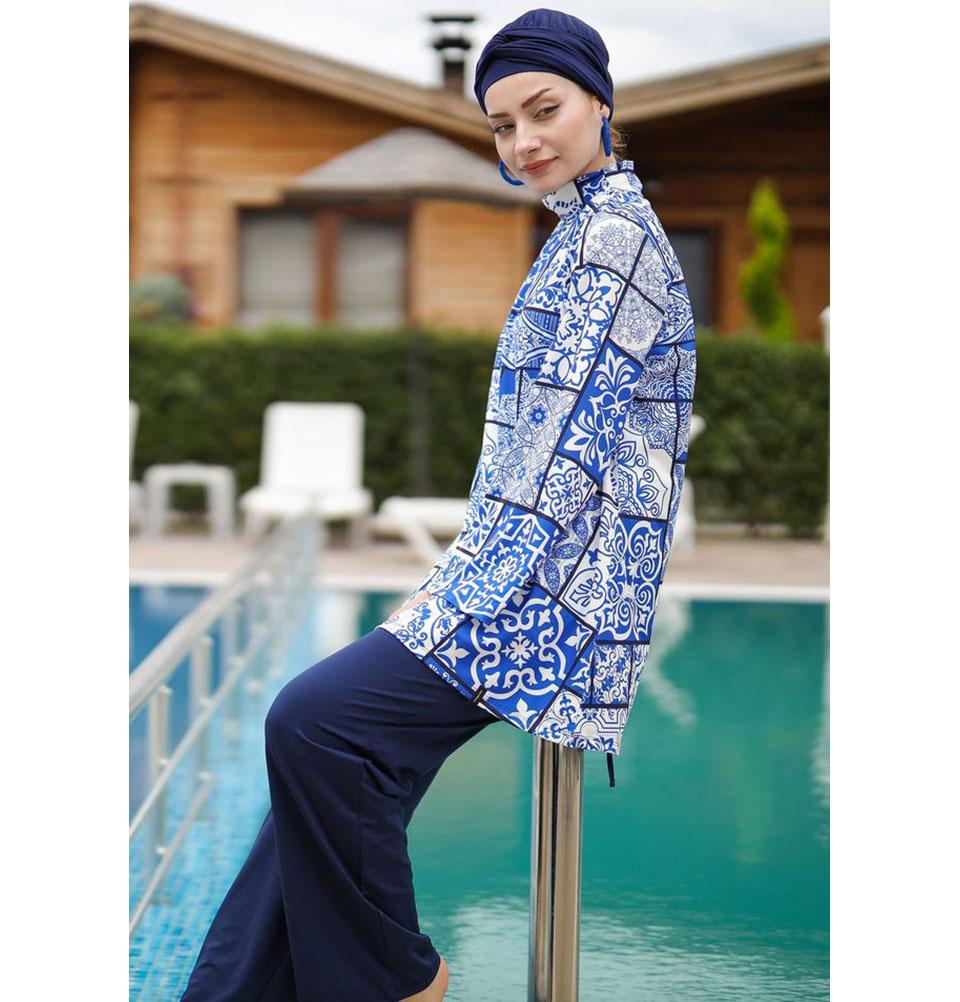 Two Piece Full Coverage Modest Swimsuit - Geometric Blue