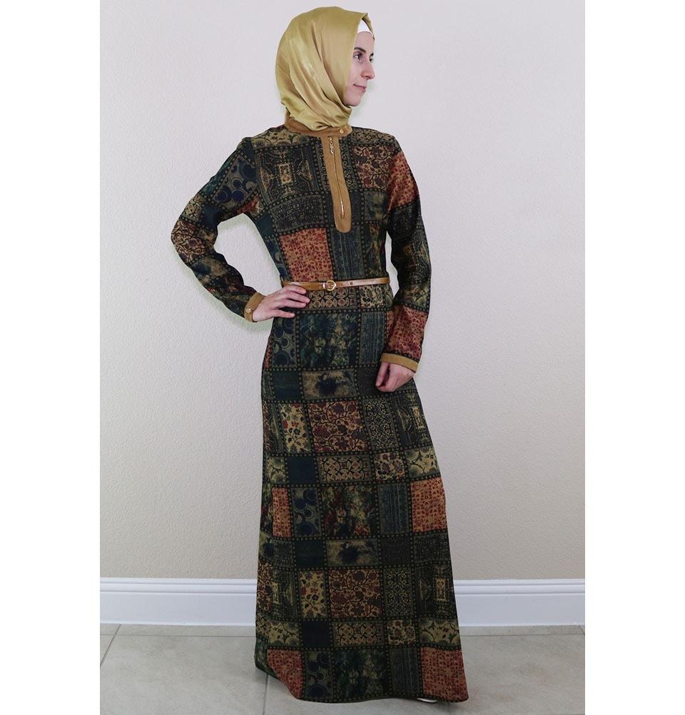 Puane Islamic Women's Turkish Long Corduroy Patchwork Dress 481702 Blue/  Green