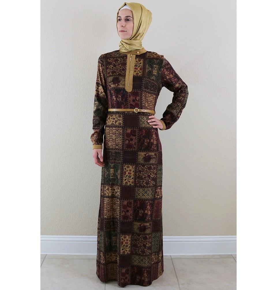 Puane Islamic Women's Turkish Long Corduroy Patchwork Dress 481701 Burgundy Puane Islamic Women's Turkish Long Corduroy Patchwork Dress 481701 Burgundy