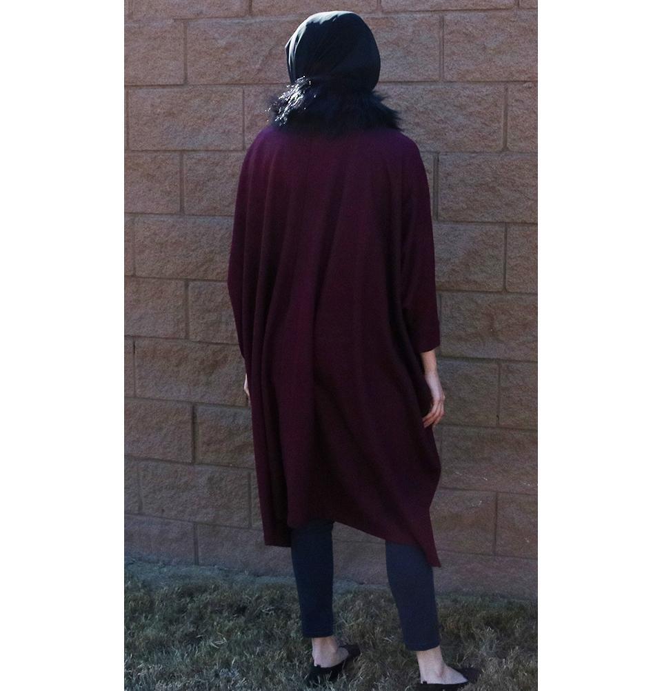 Puane Outerwear Puane Wool Touch Poncho Coat with Fur 3113 Maroon - Modefa 
