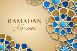 Ramadan Kareem banner in gold and blue