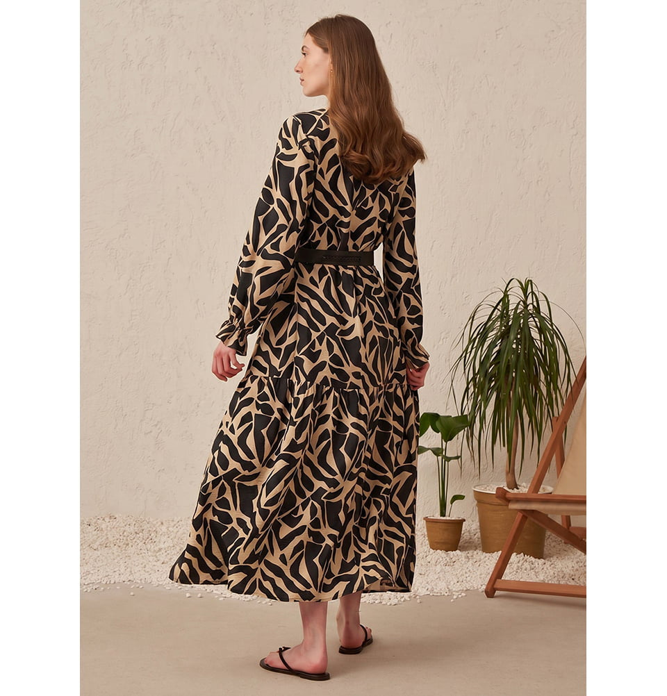 Women's Abstract Print Belted Tiered Maxi Dress - 60208 Black