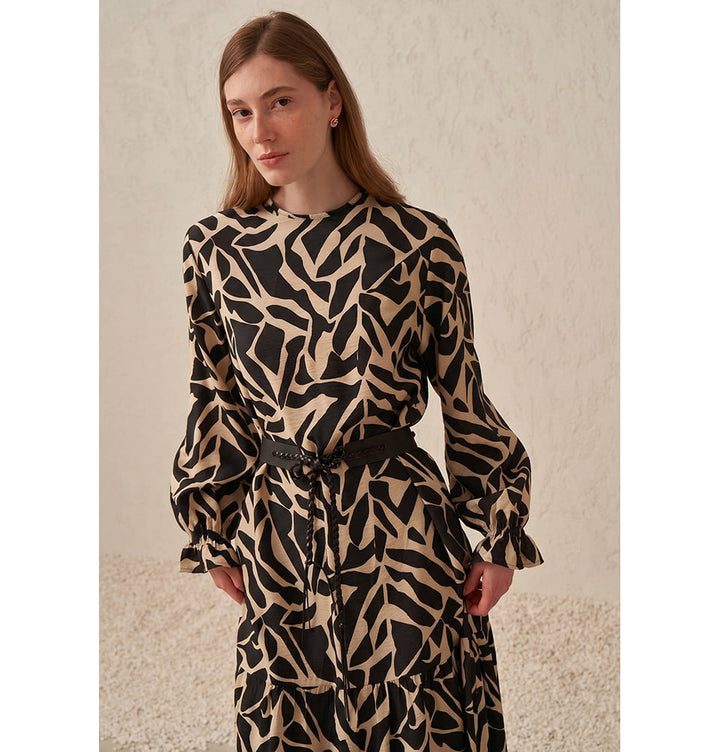 Women's Abstract Print Belted Tiered Maxi Dress - 60208 Black