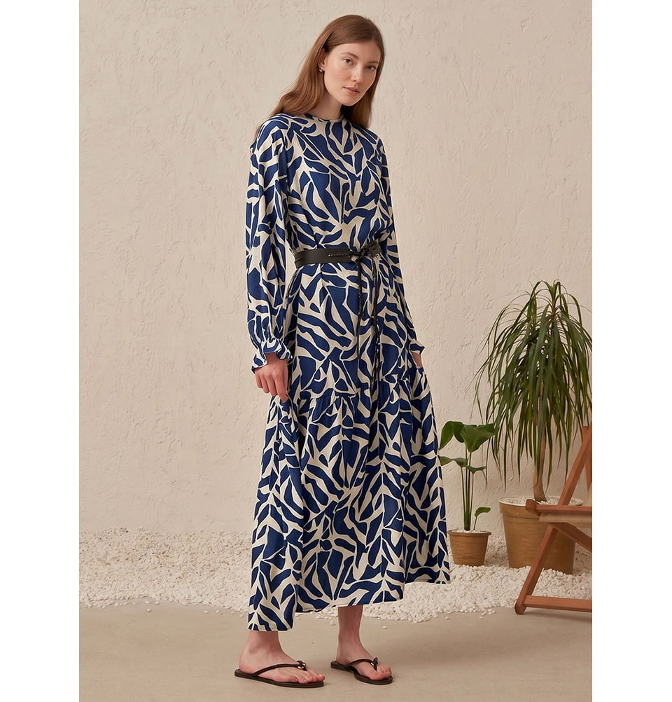 Women's Abstract Print Belted Tiered Maxi Dress