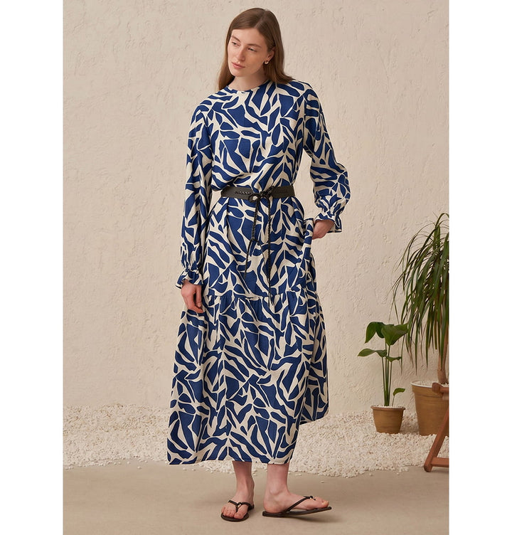 indigo maxi dress Women's Abstract Print Belted Tiered Wildy Women's White Summer 100% cotton * Care priority-05-lisette-ruffle-off-shoulder-gown-swan-white Color:Gradual change yellow