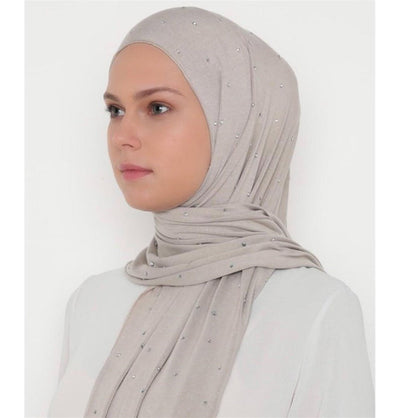 Differenza Shawl Rhinestone Droplets Soft Jersey Hijab Shawl - Mink