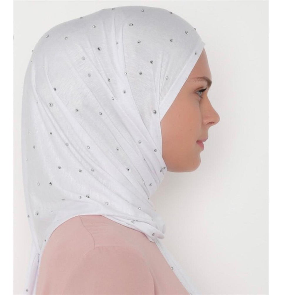Differenza Shawl Rhinestone Droplets Soft Jersey Hijab Shawl - White