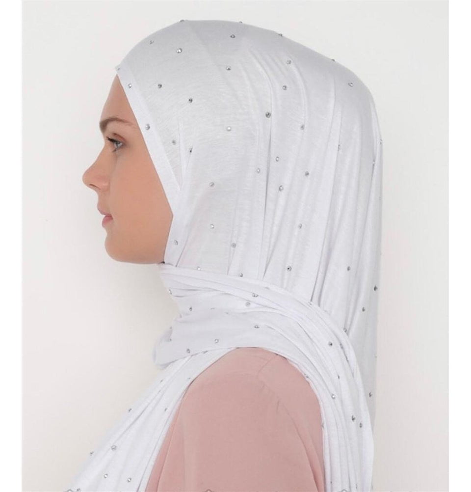 Differenza Shawl Rhinestone Droplets Soft Jersey Hijab Shawl - White