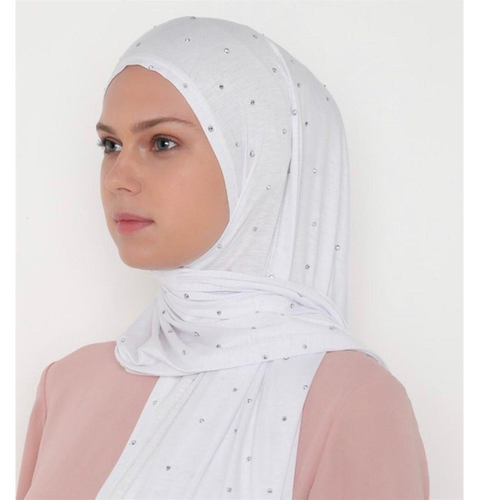 Differenza Shawl Rhinestone Droplets Soft Jersey Hijab Shawl - White