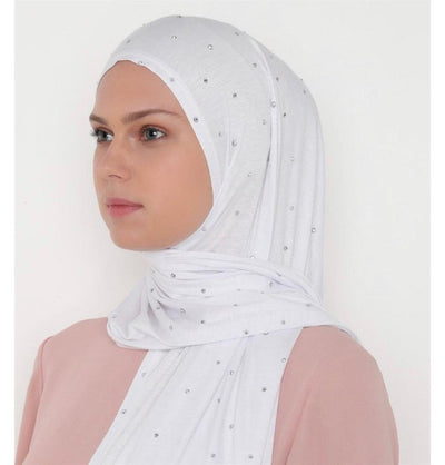 Differenza Shawl Rhinestone Droplets Soft Jersey Hijab Shawl - White