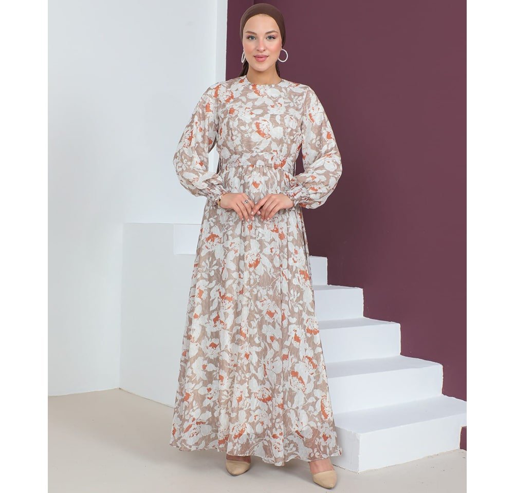 -------- Dress Modest Women's Dress Floral 7999-57 - Beige & Orange