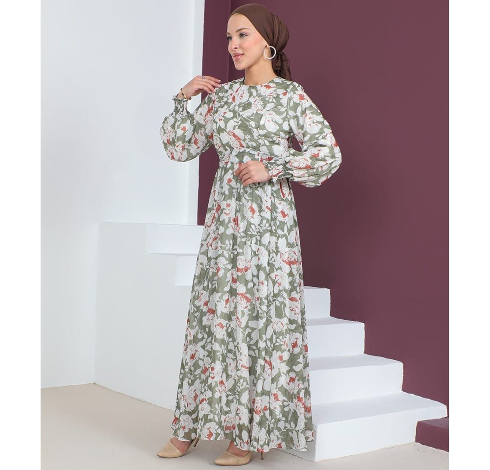-------- Dress Modest Women's Dress Floral 7999-57 - Green & Orange
