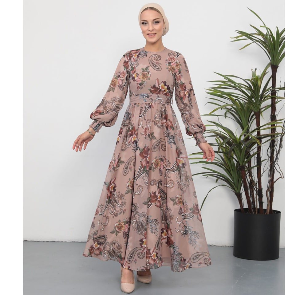 -------- Dress Modest Women's Dress Paisley Floral 7999-36 - Mink Multicolored