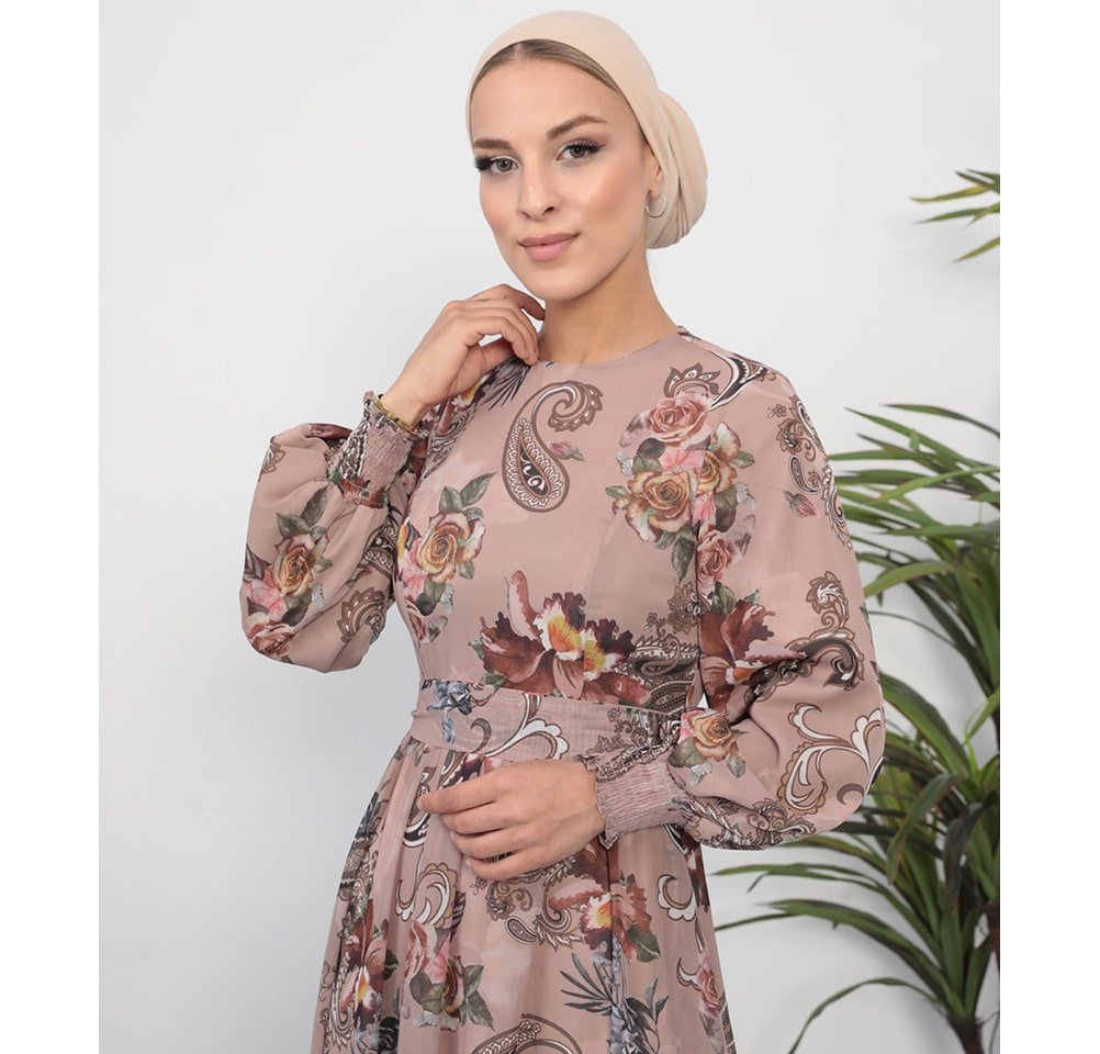 Modest Women's Dress Paisley Floral 7999-36 - Mink Multicolored Modest Women's Dress Paisley Floral 7999-36 - Mink Multicolored