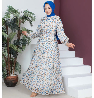 Famelin Dress Modest Women's Dress Abstract 7999-58 - Blue & Orange