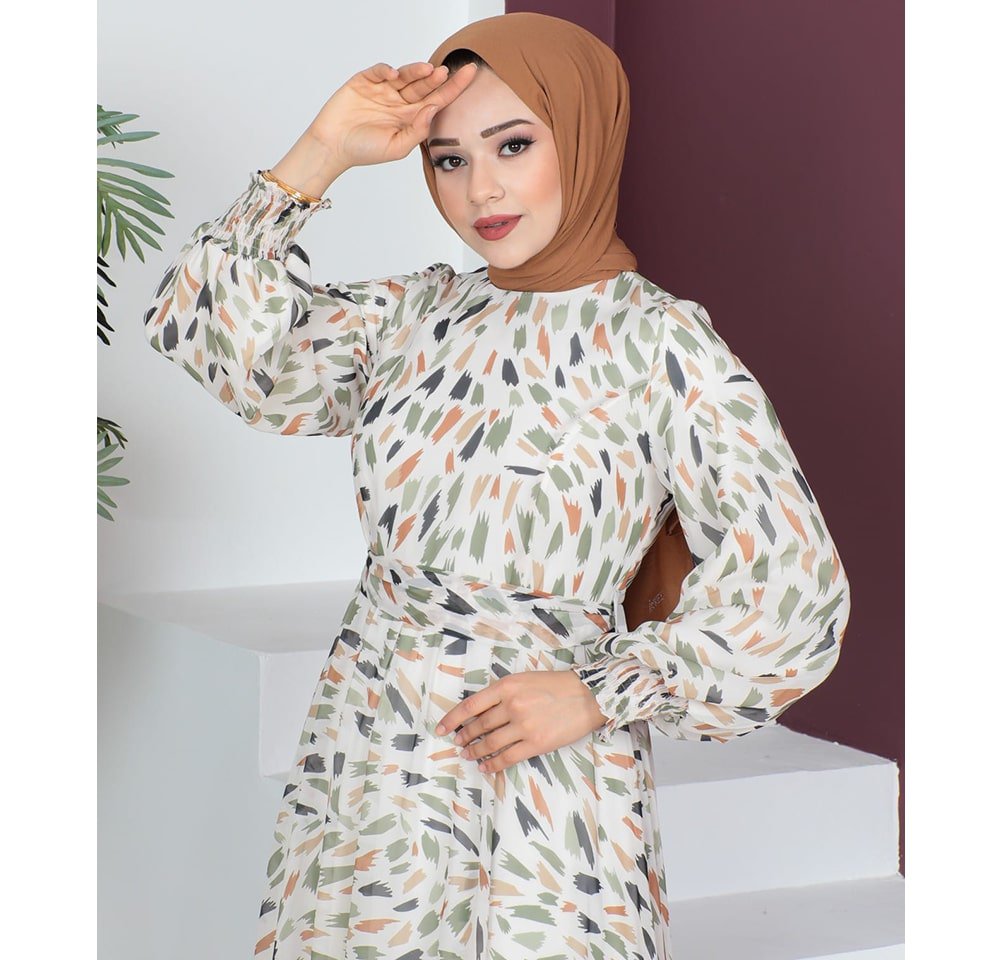 Famelin Dress Modest Women's Dress Abstract 7999-58 - Green & Orange