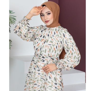 Famelin Dress Modest Women's Dress Abstract 7999-58 - Green & Orange