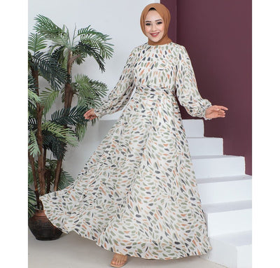 Famelin Dress Modest Women's Dress Abstract 7999-58 - Green & Orange