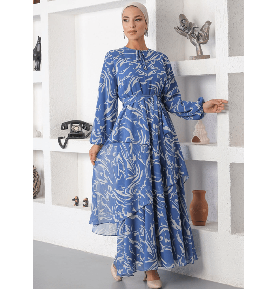 Famelin Dress Modest Women's Dress Asymmetrically Tiered 70107 - Blue