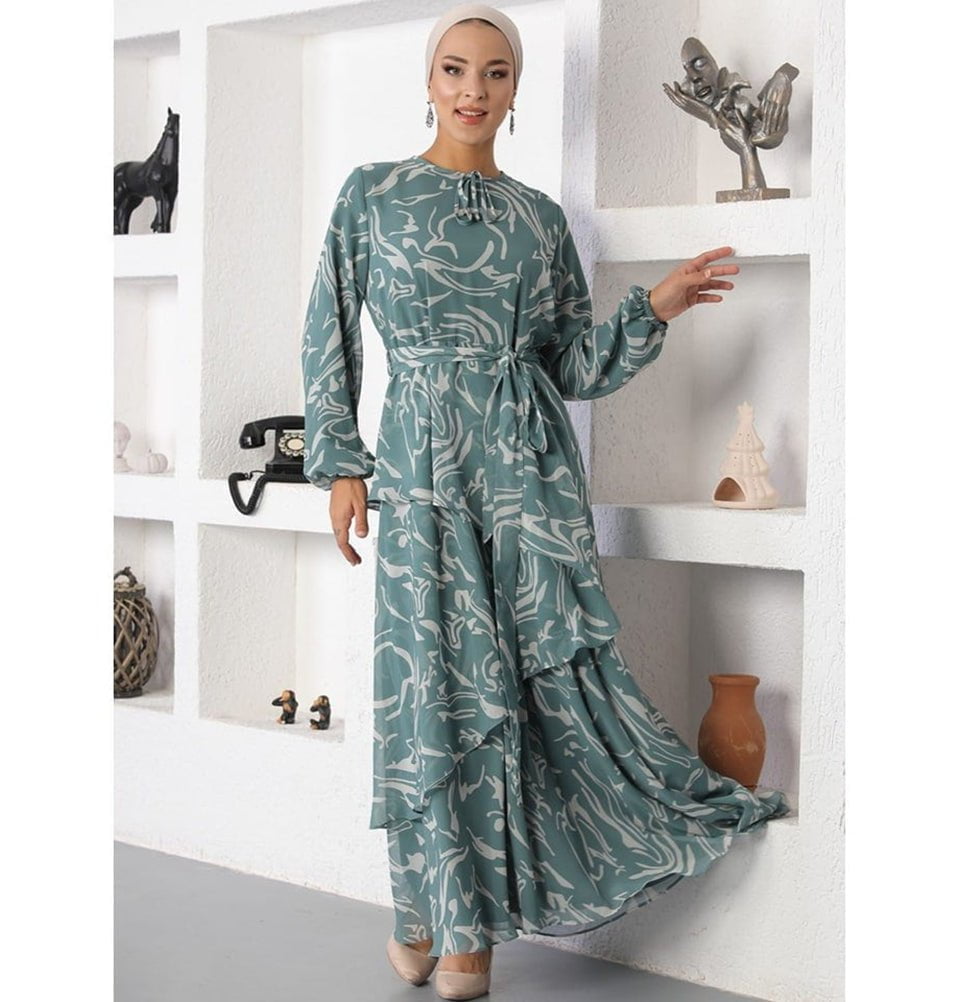 Famelin Dress Modest Women's Dress Asymmetrically Tiered 70107 - Mint