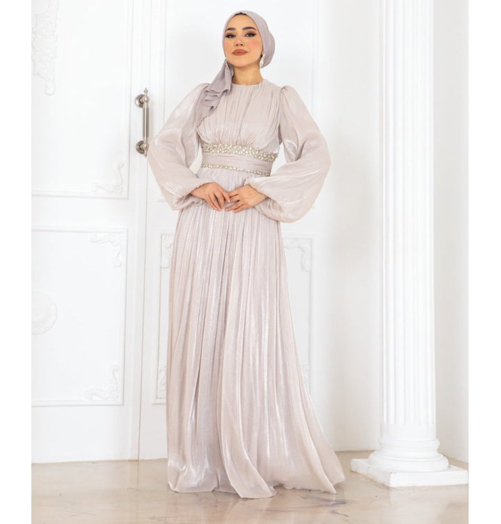 beige evening dress Muslim Women's Luxe Formal Evening Dress with Waist Embellishments