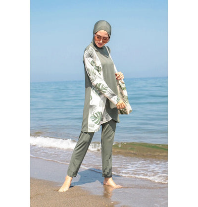 Marina Mayo Swimsuit Small Two Piece Full Coverage Modest Swimsuit - M2120 Sleek Palmetto / Green / Light Beige