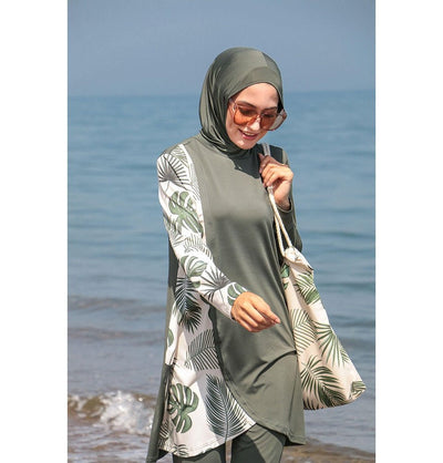Marina Mayo Swimsuit Small Two Piece Full Coverage Modest Swimsuit - M2120 Sleek Palmetto / Green / Light Beige