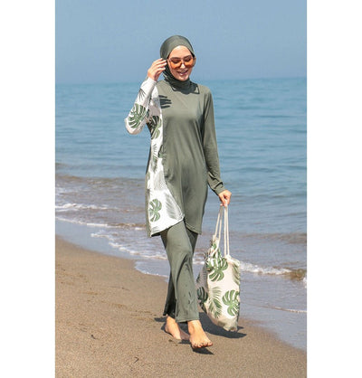 Marina Mayo Swimsuit Small Two Piece Full Coverage Modest Swimsuit - M2120 Sleek Palmetto / Green / Light Beige