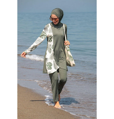 Marina Mayo Swimsuit Small Two Piece Full Coverage Modest Swimsuit - M2120 Sleek Palmetto / Green / Light Beige