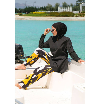 Marina Mayo Swimsuit Two Piece Full Coverage Modest Swimsuit - M2110 Abstract Black / Yellow