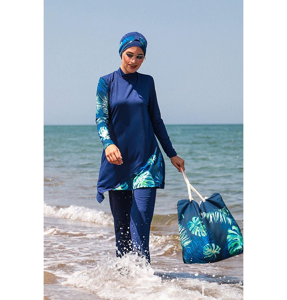 Two Piece Full Coverage Modest Swimsuit - M2125 Asymmetrical Blue