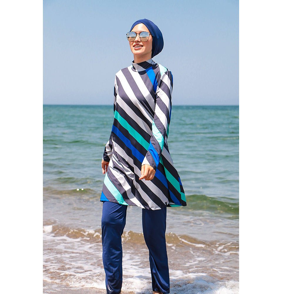 Marina Mayo Swimsuit Women's Two Piece Full Coverage Modest Swimsuit - Striped Blue 1953