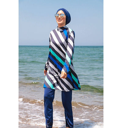 Marina Mayo Swimsuit Women's Two Piece Full Coverage Modest Swimsuit - Striped Blue 1953