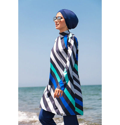 Marina Mayo Swimsuit Women's Two Piece Full Coverage Modest Swimsuit - Striped Blue 1953
