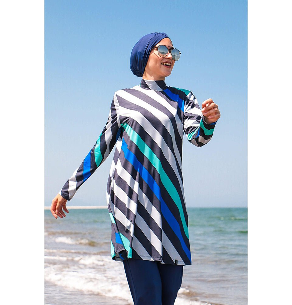 Marina Mayo Swimsuit Women's Two Piece Full Coverage Modest Swimsuit - Striped Blue 1953