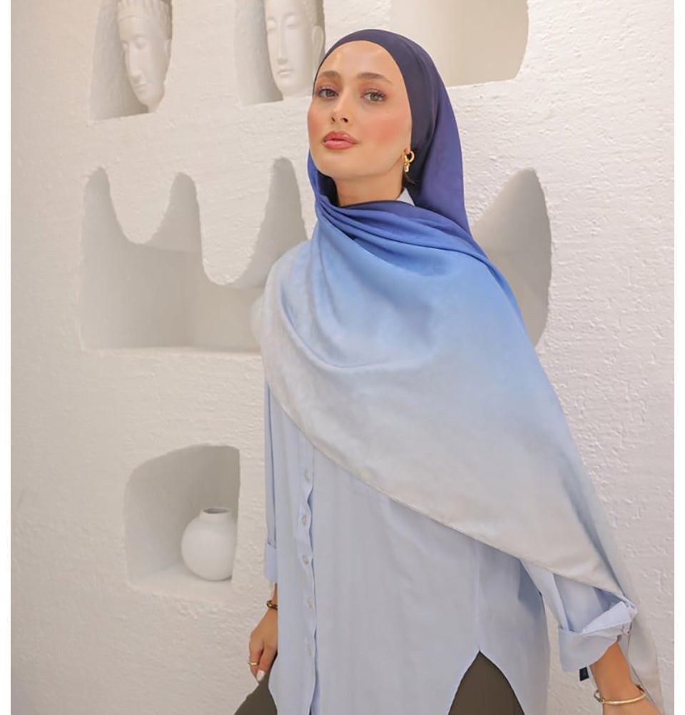 Mavidan Shawl Ocean Blue Gradient Cotton Blend Patterned Shawl Hijab - Ocean Blue