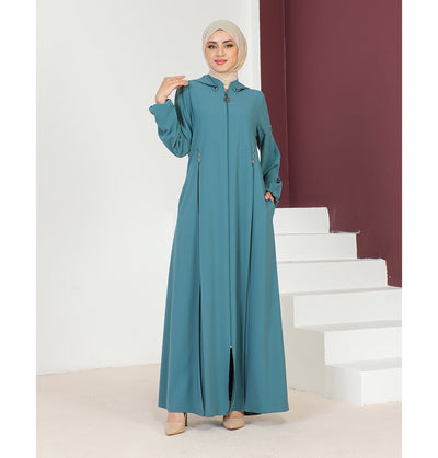 Modefa Abaya 40 Modest Muslim Woman Detachable Hood Zip Up Abaya - 1132 Turquoise