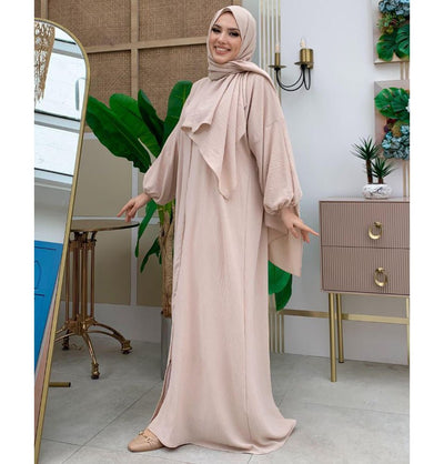 Modefa Abaya Beige Islamic Women's Simplicity One Piece Prayer Dress With Attached Hijab - Beige