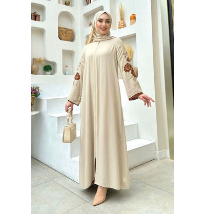 Modefa Abaya Modern Muslim Woman's Floral Embroidered Zip Up Abaya - 7897 - Beige