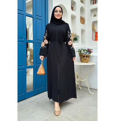 Modefa Abaya Modern Muslim Woman's Floral Embroidered Zip Up Abaya - 7897 - Black