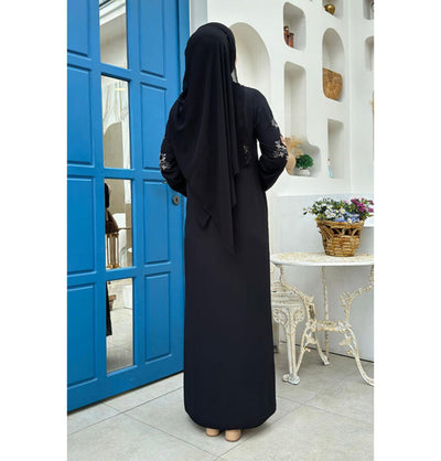Modefa Abaya Modern Muslim Woman's Floral Embroidered Zip Up Abaya - 7897 - Black