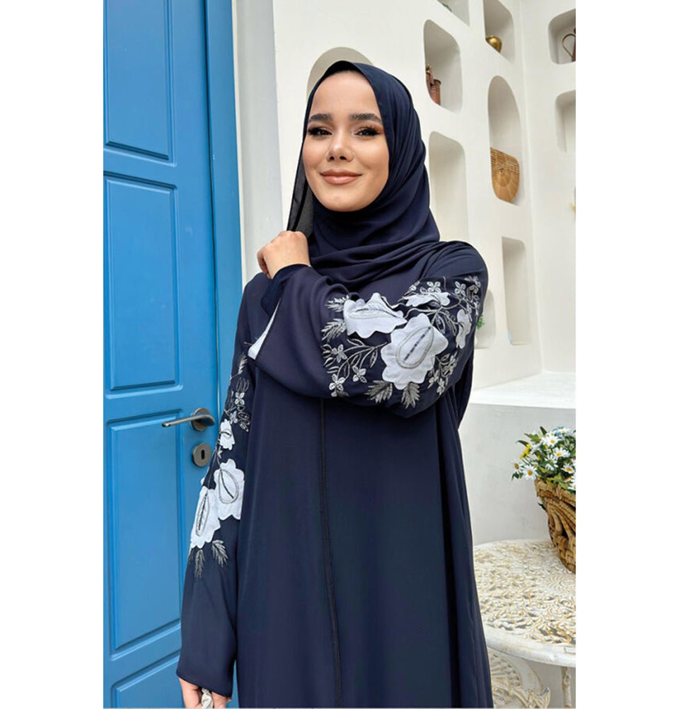 Modern Muslim Woman's Floral Embroidered Zip Up Abaya - 7897 - Navy Bl