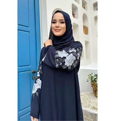 Modefa Abaya Modern Muslim Woman's Floral Embroidered Zip Up Abaya - 7897 - Navy Blue