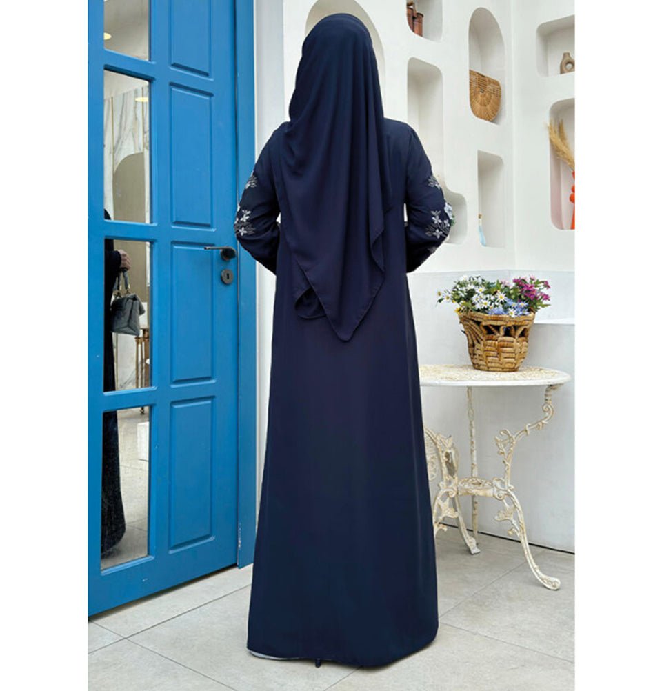 Modern Muslim Woman's Floral Embroidered Zip Up Abaya - 7897 - Navy Bl