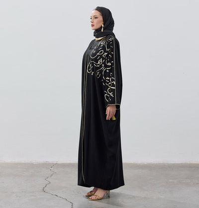 Modefa Abaya Modern Muslim Woman's Royal Script Open Abaya - Black