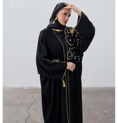 Modefa Abaya Modern Muslim Woman's Royal Script Open Abaya - Black