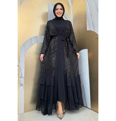 Modefa Abaya Modern Muslim Woman's Sequins Two Piece Abaya - 8483 Black