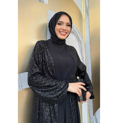 Modefa Abaya Modern Muslim Woman's Sequins Two Piece Abaya - 8483 Black