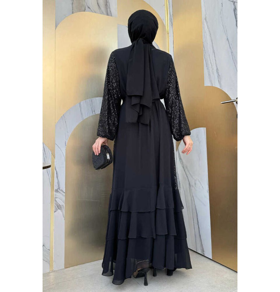 Modefa Abaya Modern Muslim Woman's Sequins Two Piece Abaya - 8483 Black