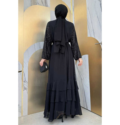Modefa Abaya Modern Muslim Woman's Sequins Two Piece Abaya - 8483 Black